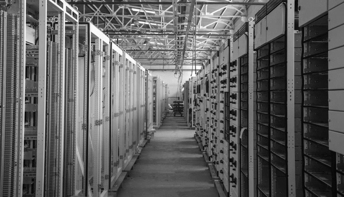 Long aisle of server racks