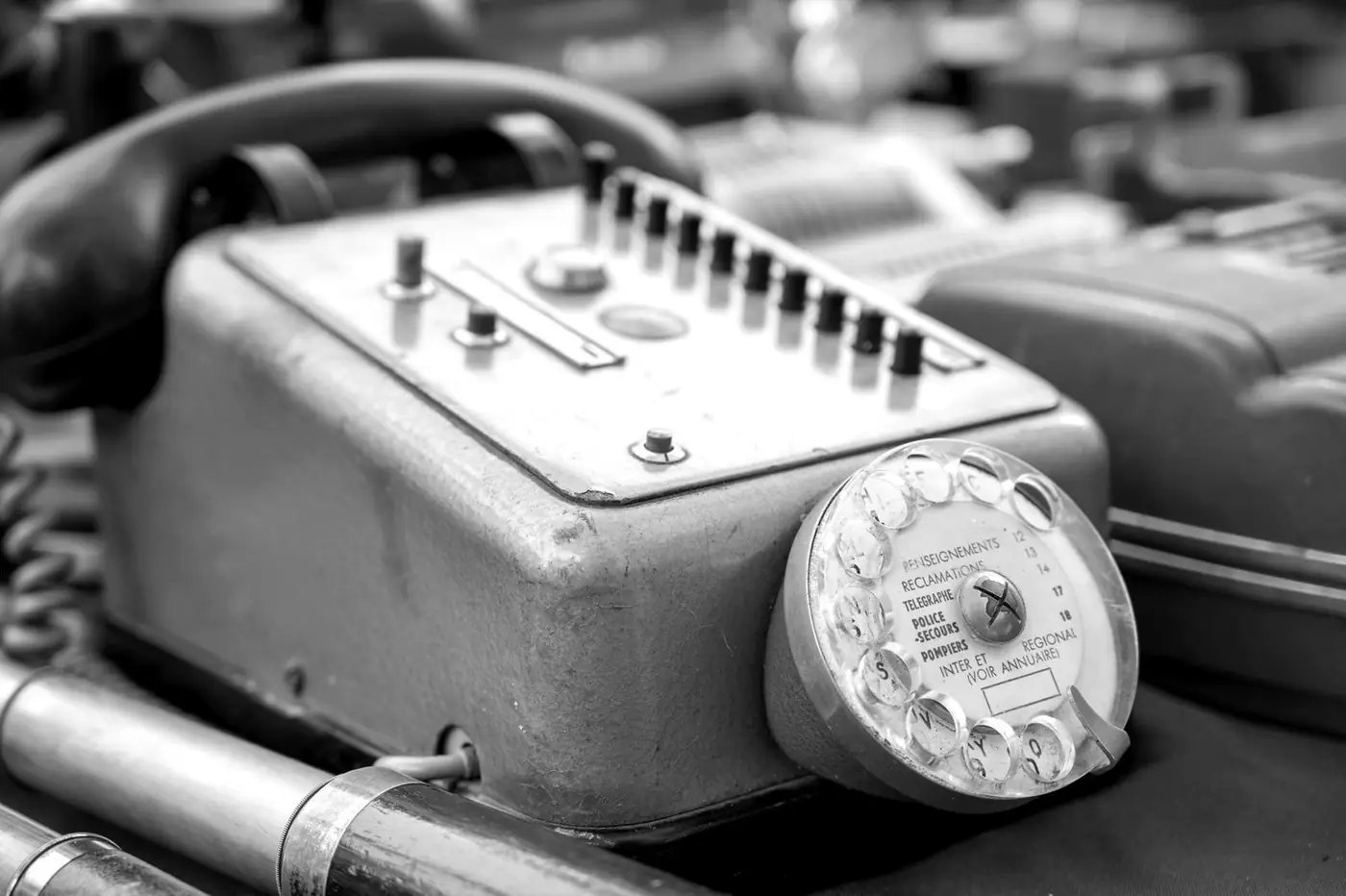 Vintage telephone switching unit with a rotary dial